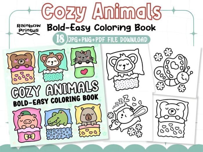 Simple Sleeping Animal Coloring Pages – PNG + PDF Digital Download | 300 DPI