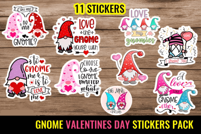 Valentine’s Day sticker pack, whimsical gnome designs for T-shirts and digital planners