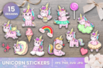 Digital planner unicorn stickers, high-res SVG files with white borders,