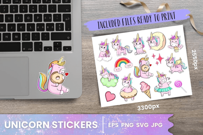 Printable unicorn stickers with black contours, 1200x1200 px PNG/JPG, hand-cut or machine-cut options