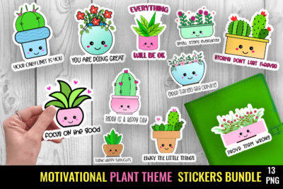 Printable plant-themed positivity stickers, 4x4 inch 300 DPI files for crafts