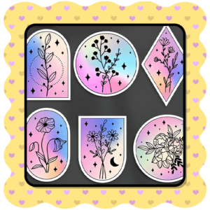 Holographic wildflower stickers PNG, 8 iridescent designs for Cricut and planners