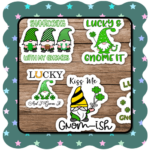 Gnome St. Patrick’s Day stickers PNG, 10 lucky designs with shamrocks and rainbows