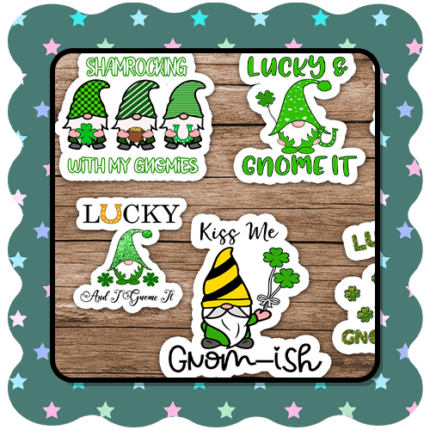 Gnome St. Patrick’s Day stickers PNG, 10 lucky designs with shamrocks and rainbows