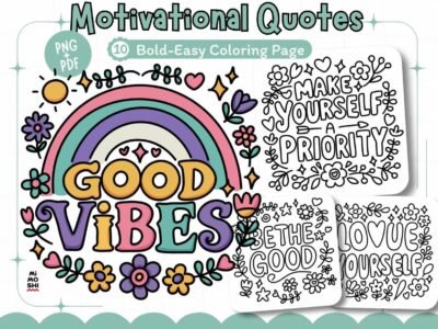 Positive Affirmation Coloring Pages – Good Vibes Quotes with Thick Lines | PNG + PDF Download